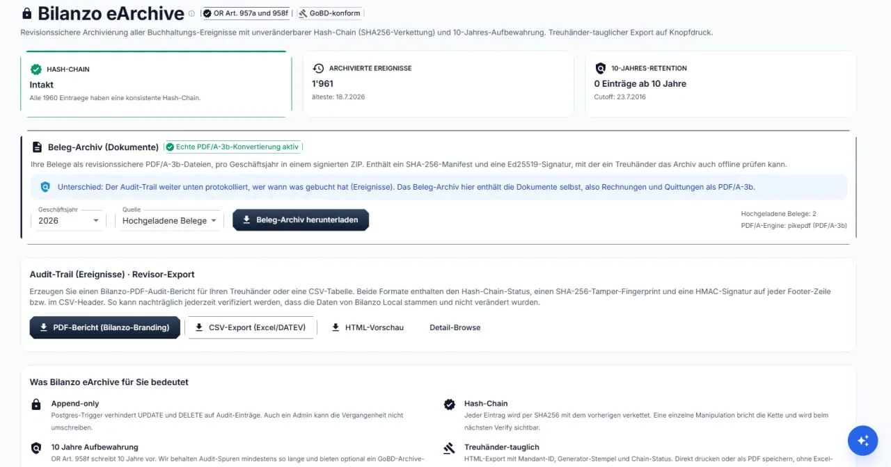 Bilanzo eArchiv mit intakter Verkettung, PDF/A-3b-Beleg-Archiv und Revisor-Export