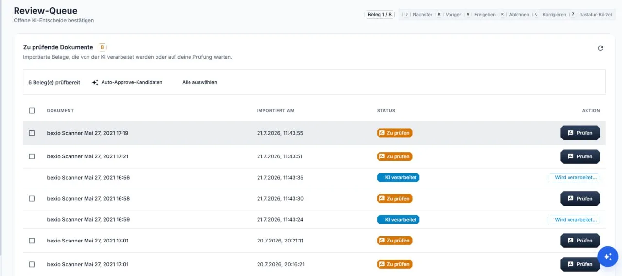 Bilanzo Local Review-Queue: importierte Belege werden von der KI verarbeitet und zur Freigabe vorgelegt